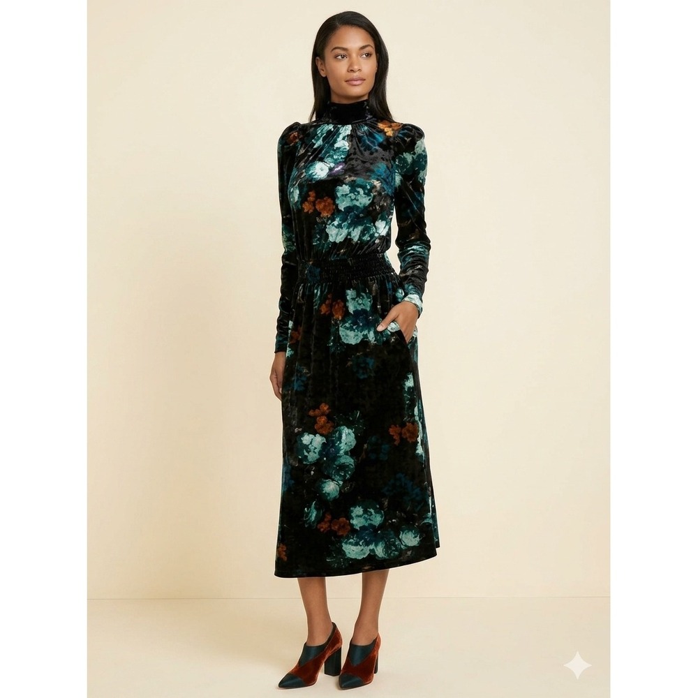 Ryegrass Dress Midi Large Velvet Floral Black Teal Mock Neck Whimsigoth Witchy